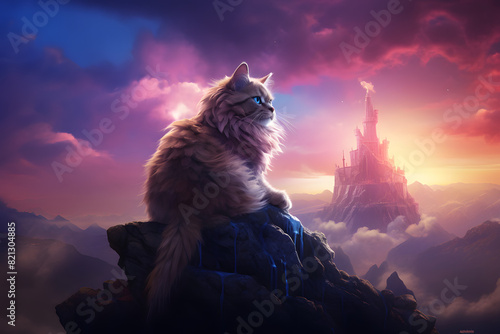 Illustrate a fantasy landscape for International Cat Day, with a majestic cat sitting atop a magical hill, overseeing a mythica Generative ai, photo