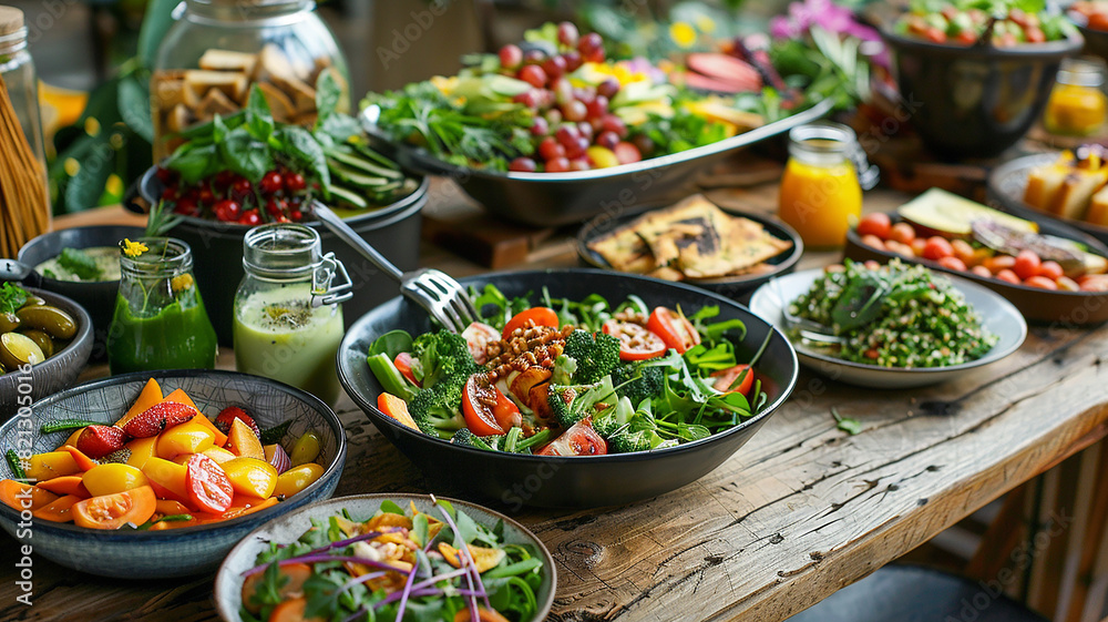 Several dishes of healthy food on a wooden table