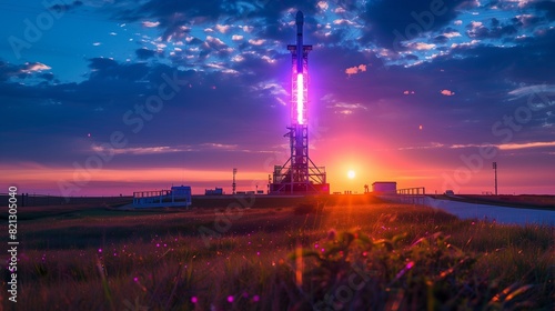 Dynamic Rocket Launch Pad at Twilight, Rocket Glowing with Intense Purple Lights photo