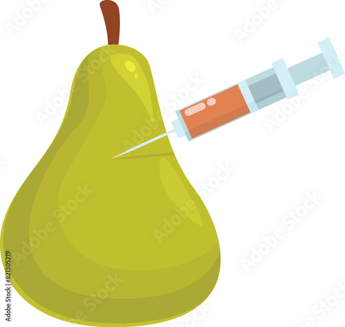 Digital illustration depicting a pear being injected with a syringe, symbolizing gmo