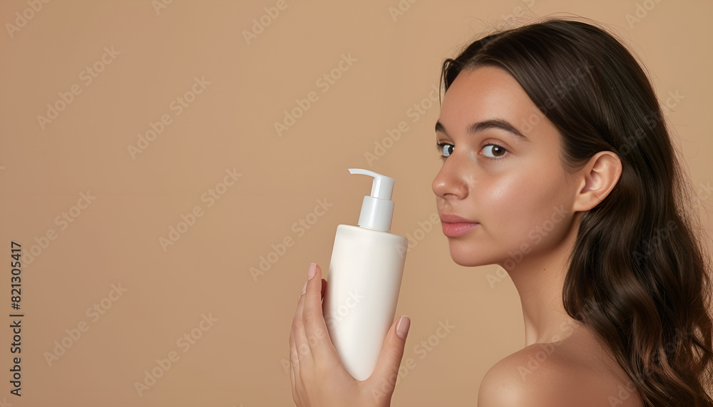 Woman with bottle of care product and cleansing foam on beige background, closeup. Space for text Woman with bottle of care product and cleansing foam on beige background, closeup. Space for text