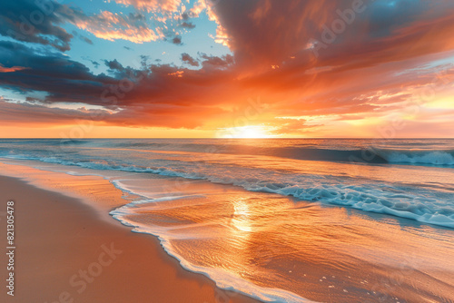 A picturesque tropical beach during sunset, with the sky ablaze in hues of orange and pink, casting a warm glow over the smooth sand and gentle waves