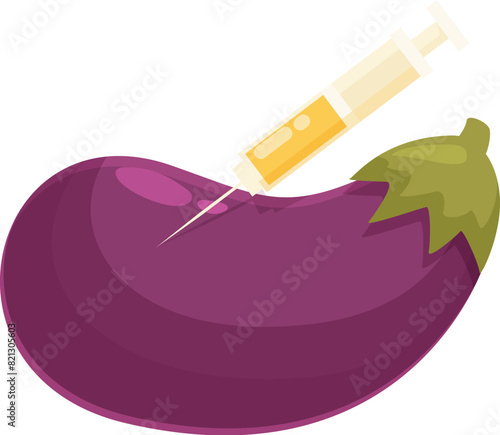 Illustration of a syringe injecting a purple eggplant, symbolizing genetic modification of food
