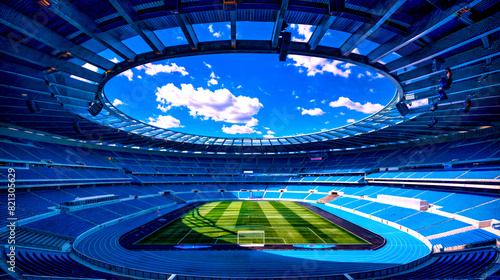 Wide angle view of the inside of stadium with soccer field.