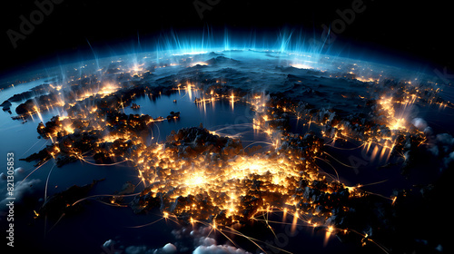 Planet Earth at night from space showing North America connected to the rest of the world  global community concept illustration