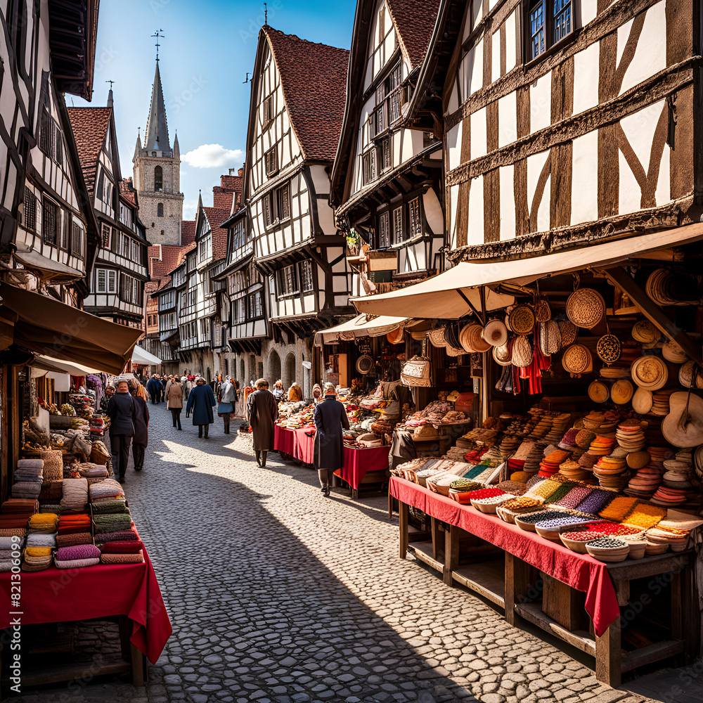 Fototapeta premium A bustling medieval marketplace filled with merchants selling colorful textiles, exotic spices, and handcrafted wares, with cobblestone streets and charming half-timbered houses.