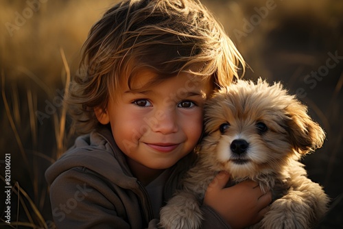 Child embraces your puppy fondly. ????, generative IA photo