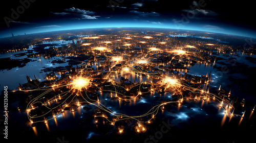 Planet Earth at night from space showing North America connected to the rest of the world  global community concept illustration
