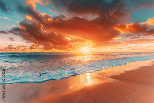 A picturesque tropical beach during sunset  with the sky ablaze in hues of orange and pink  casting a warm glow over the smooth sand and gentle waves