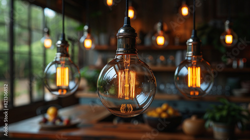Close-up of stylish hanging filament light bulbs in cozy rustic kitchen with visible interior decor