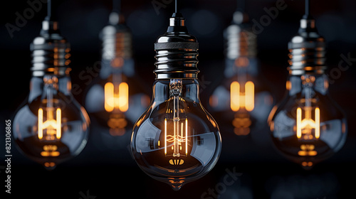 Close-up of multiple vintage edison light bulbs hanging against dark background