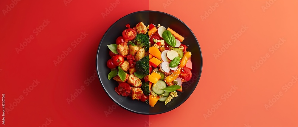 Contemporary Visual Divide in Food Design: Minimalist Half Banner with Photorealistic Ready Meals in Dramatic Style Contemporary Visual Divide in Food Design: Minimalist Half Banner with Photorealistic Ready Meals in Dramatic Style