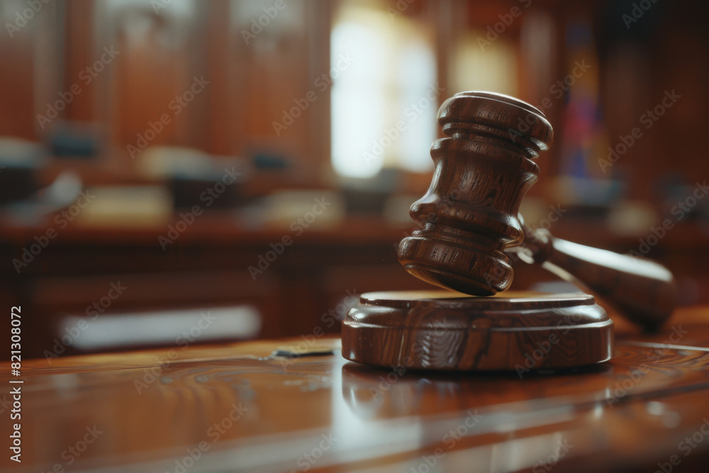 Close-up image of a wooden judge's gavel on a polished courtroom desk, symbolizing law, order, and the judicial system Close-up image of a wooden judge's gavel on a polished courtroom desk, symbolizing law, order, and the judicial system