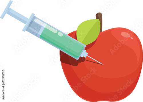 Cartoon of a syringe injecting a bright red apple, symbolizing gmos
