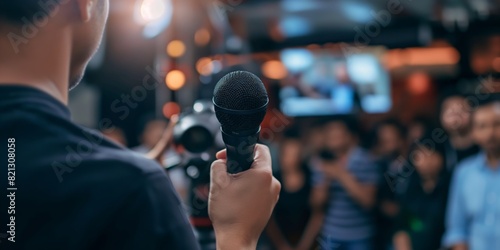 A speaker holds a microphone addressing a blurred audience in a semi-lit event or conference setting