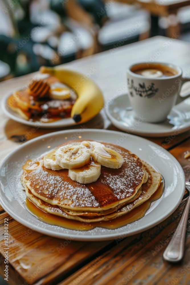 Stack of Pancakes With Bananas and Syrup
