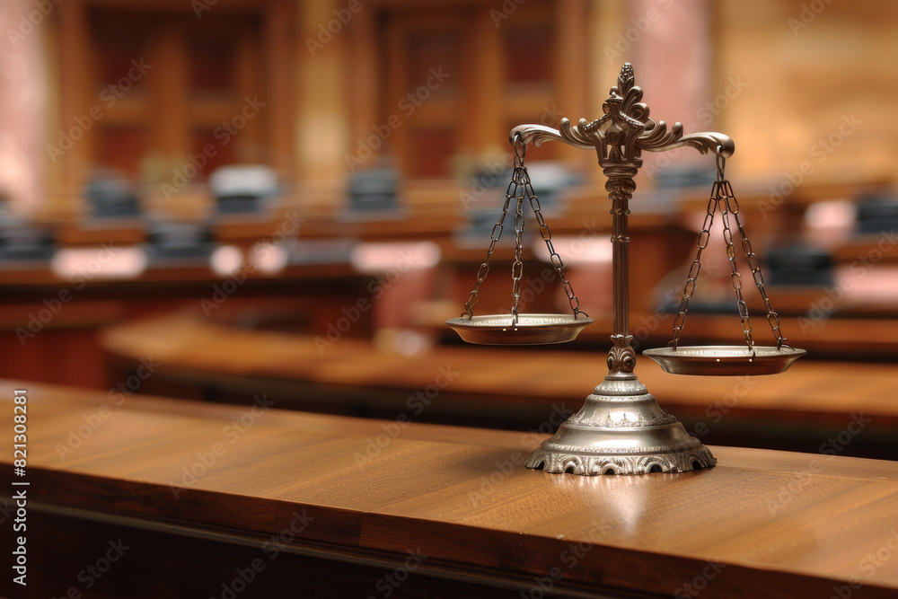 Symbolic scales of justice on a wooden table in a courtroom, representing legal fairness, law, and judicial system balance Symbolic scales of justice on a wooden table in a courtroom, representing legal fairness, law, and judicial system balance