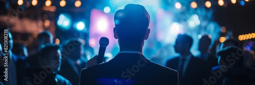 Elegantly dressed man in suit speaking into microphone at a colorful event with attentive audience photo