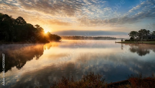 Sunrise over a serene lake