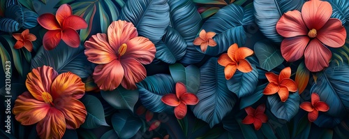 3D tropical floral patterns with hibiscus and plumeria 