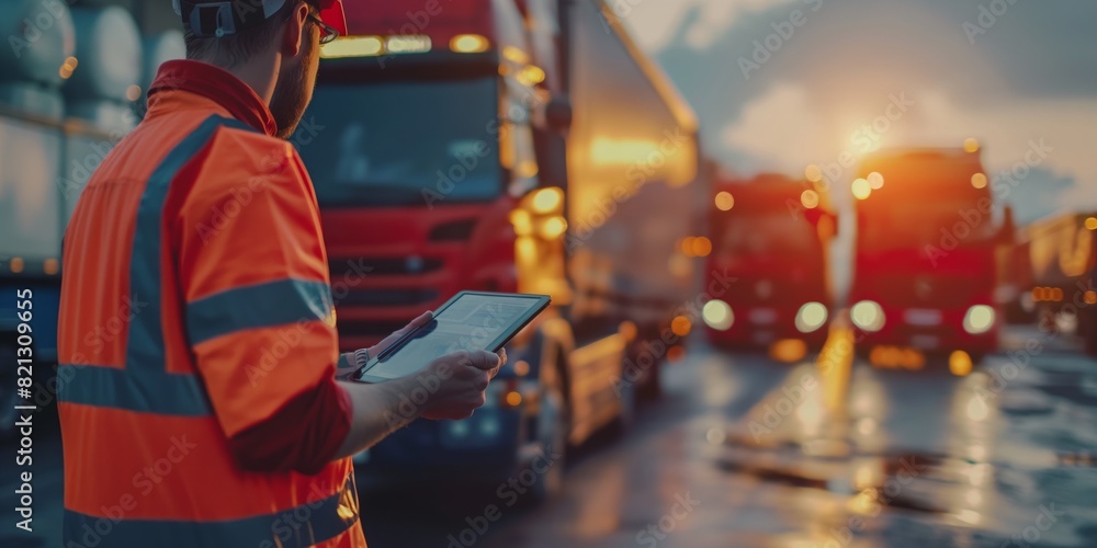 A logistic worker in high visibility jacket uses a digital tablet with cargo trucks in the background at sunset