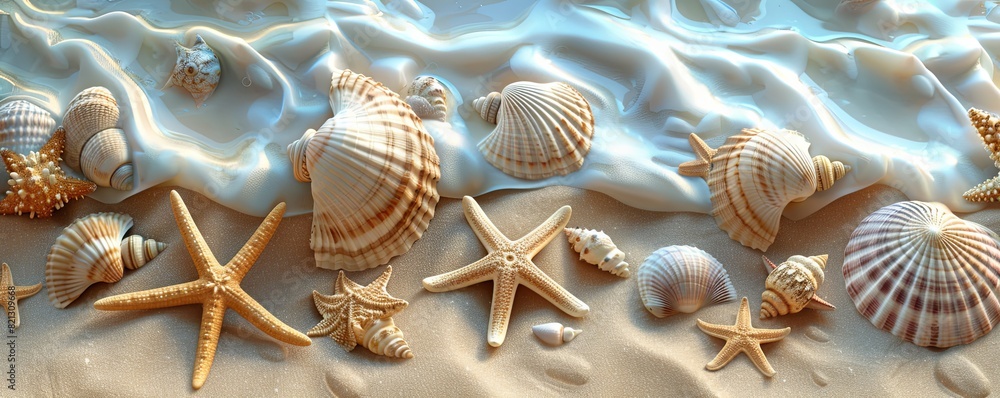 3D seashells and starfish scattered on the sand, detailed and natural 3D seashells and starfish scattered on the sand, detailed and natural