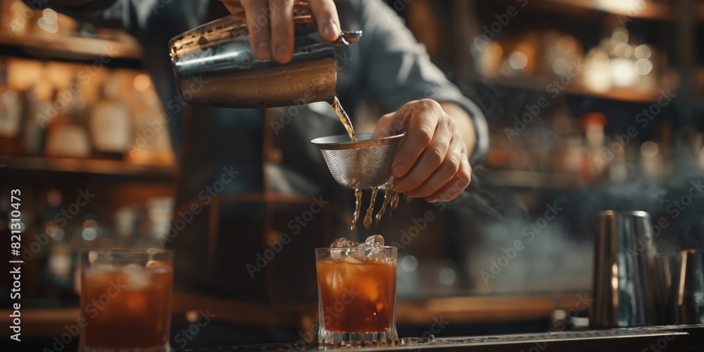 A bartender skillfully pours a drink through a strainer into a cocktail glass with ice, shown in a close-up with a bar background