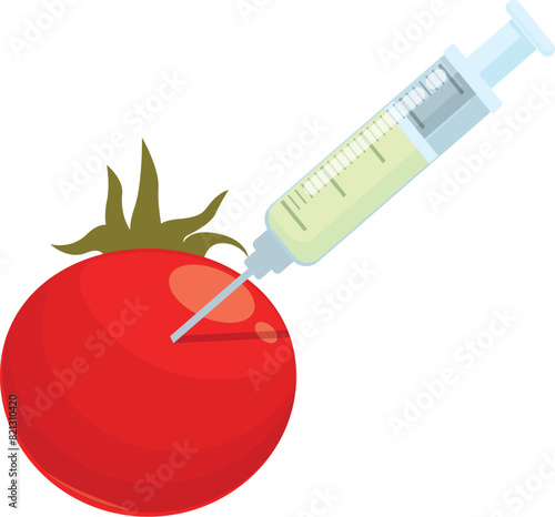 Vector graphic depicts a syringe injecting liquid into a bright red tomato, symbolizing gmo