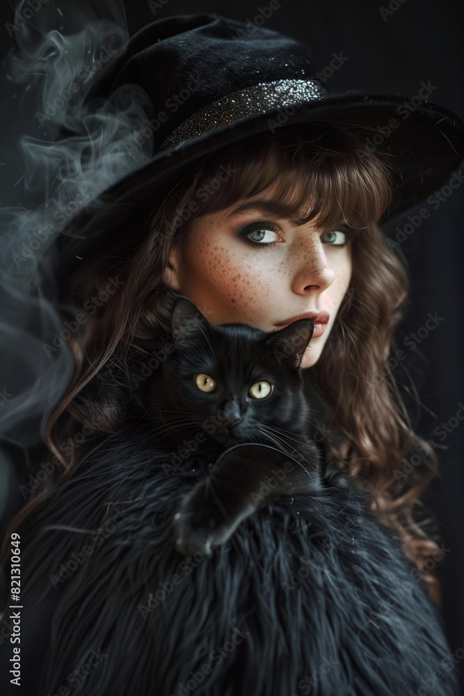 fashion brunette woman with freckles wearing fur coat and black glittered witch hat, holding a black cat against a background with smoke. Gothic Halloween style, dark elegance and mysterious fashion brunette woman with freckles wearing fur coat and black glittered witch hat, holding a black cat against a background with smoke. Gothic Halloween style, dark elegance and mysterious