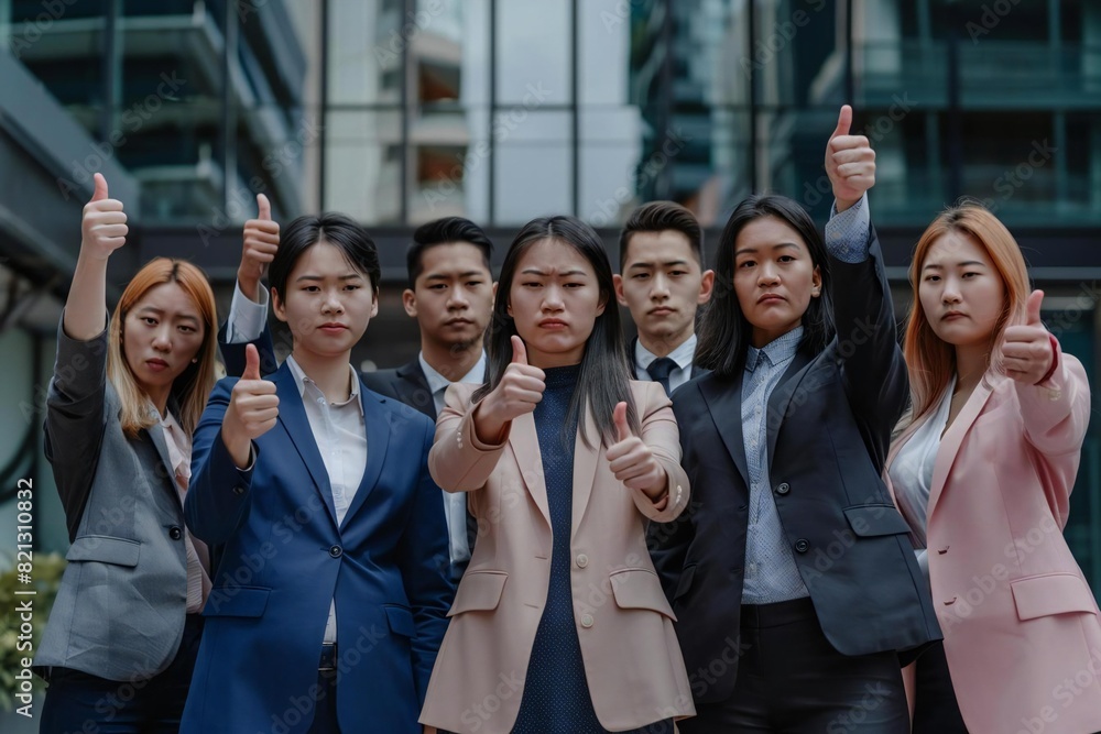 Business Team Demonstrating Disapproval with Thumbs Down Gesture in Diverse Setting Business Team Demonstrating Disapproval with Thumbs Down Gesture in Diverse Setting