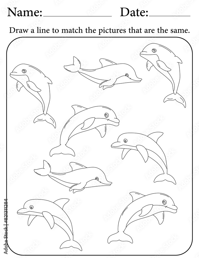 Naklejka premium Dolphin Puzzle. Printable Activity Page for Kids. Educational Resources for School for Kids. Kids Activity Worksheet. Match Similar Shapes