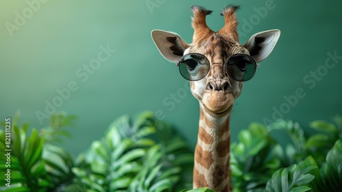 Fashionable giraffe wearing sunglasses amidst lush green foliage against a green background. Ideal for nature-themed projects and fun content