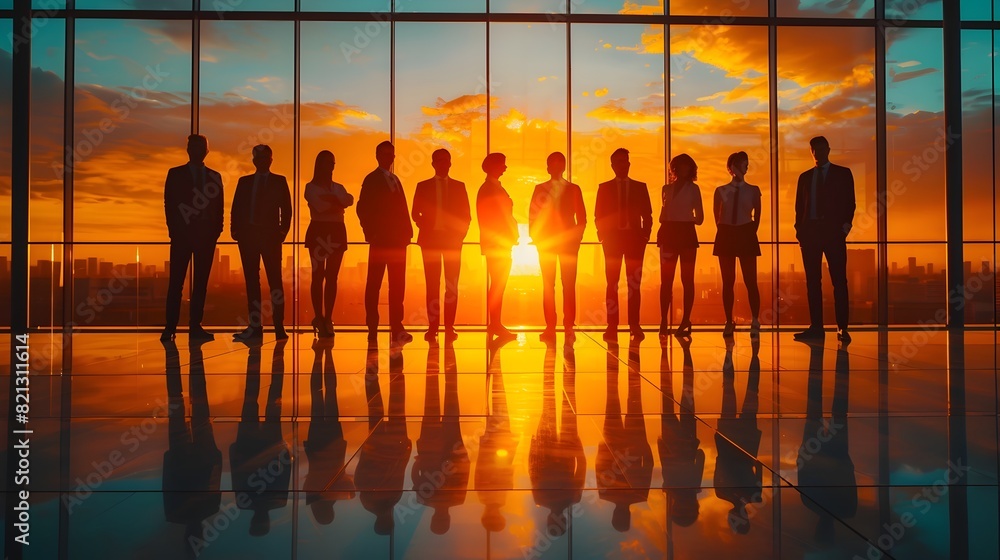 Corporate Silhouettes Gazing into the Vibrant Sunset Horizon Corporate Silhouettes Gazing into the Vibrant Sunset Horizon