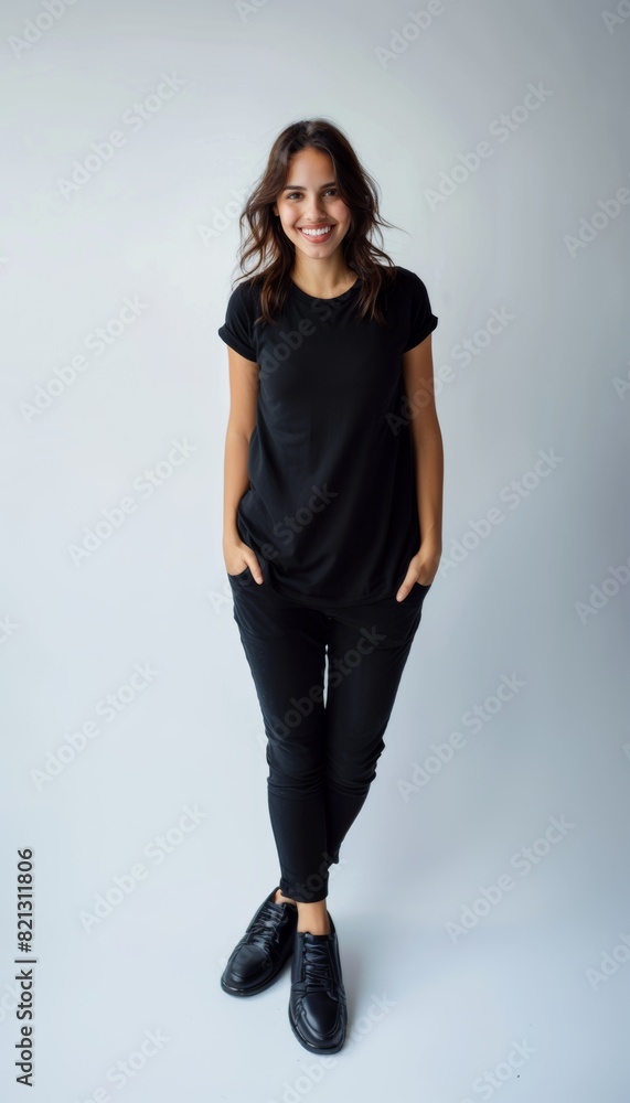 Beautiful natural brunette woman, smiling and looking in camera with white teeth. Close-up portrait of cute female woman in black t-shirt on white background. Beautiful natural brunette woman, smiling and looking in camera with white teeth. Close-up portrait of cute female woman in black t-shirt on white background.
