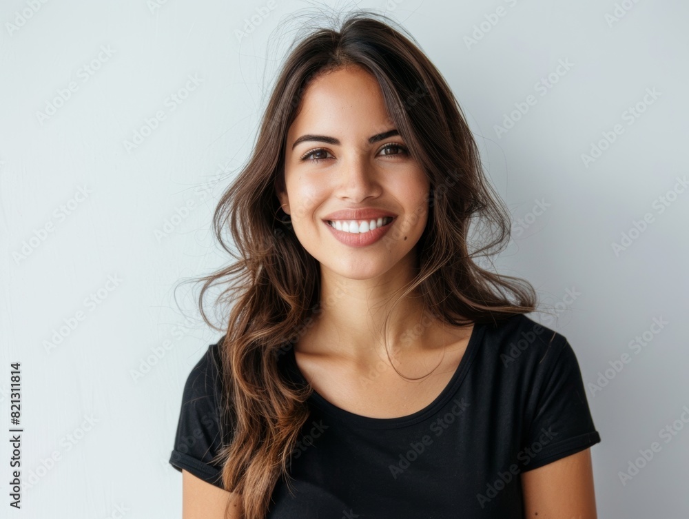 Beautiful natural brunette woman, smiling and looking in camera with white teeth. Close-up portrait of cute female woman in black t-shirt on white background. Beautiful natural brunette woman, smiling and looking in camera with white teeth. Close-up portrait of cute female woman in black t-shirt on white background.