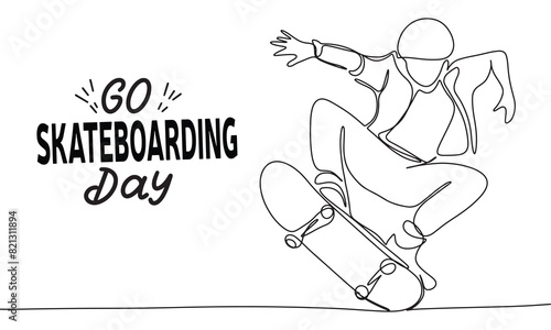 Go Skateboarding Day holiday text banner. Boy on skateboard line art. Hand drawn vector art.