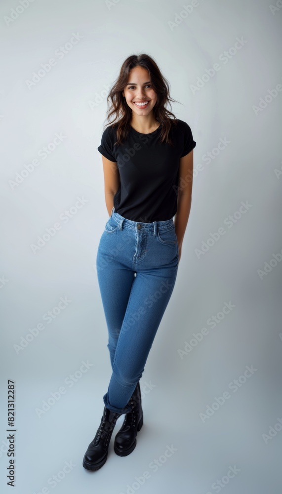 Beautiful natural brunette woman, smiling and looking in camera with white teeth. Close-up portrait of cute female woman in black t-shirt on white background. Beautiful natural brunette woman, smiling and looking in camera with white teeth. Close-up portrait of cute female woman in black t-shirt on white background.