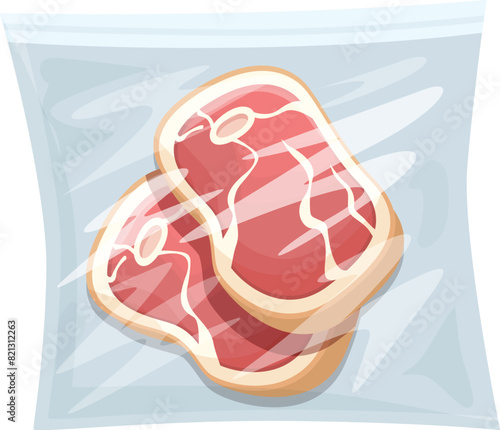 Illustration of a vacuumsealed raw steak in plastic packaging for preservation and storage, perfect for butchery, supermarket, or culinary graphic design projects