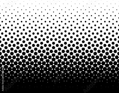 Geometric pattern of black stars on a white background.Seamless in one direction.Option with an Average fade out.The scale transformation method.