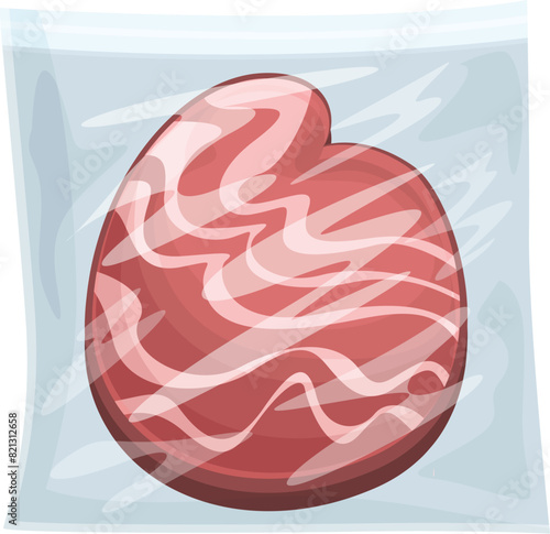 Fresh meat vacuumpacked for safety and preservation. Sealed in airtight transparent plastic packaging. Illustrated in red vector art for butchery product design. Raw preparation