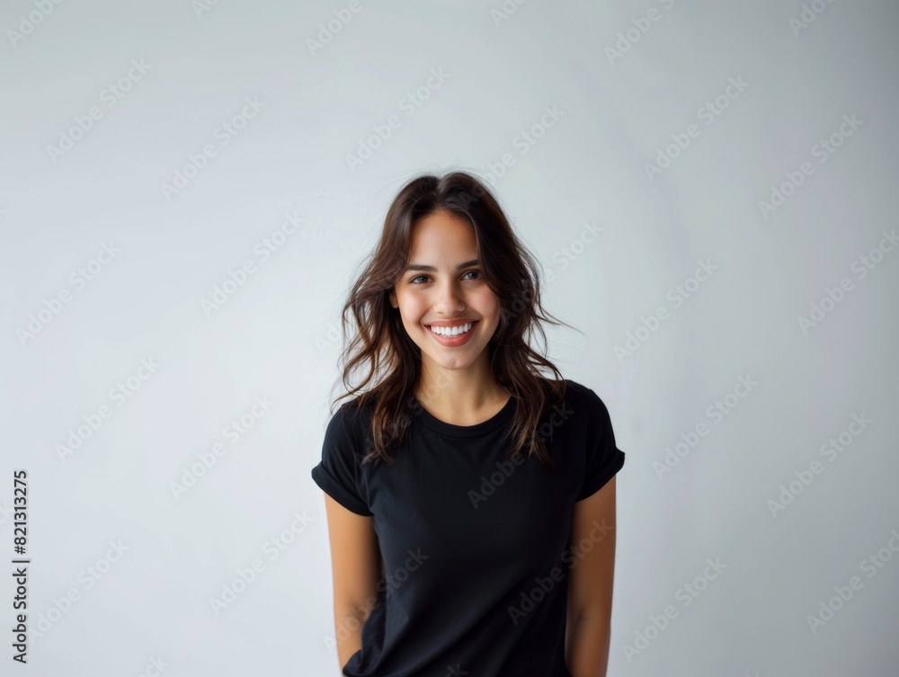 Beautiful natural brunette woman, smiling and looking in camera with white teeth. Close-up portrait of cute female woman in black t-shirt on white background. Beautiful natural brunette woman, smiling and looking in camera with white teeth. Close-up portrait of cute female woman in black t-shirt on white background.