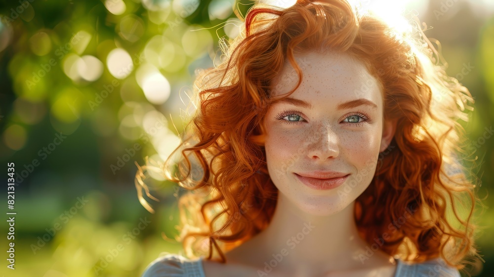 Portrait of a Smiling Young Woman with Curly Red Hair and Freckles against a Blurred Garden Background - Ideal for Lifestyle and Beauty Themes Portrait of a Smiling Young Woman with Curly Red Hair and Freckles against a Blurred Garden Background - Ideal for Lifestyle and Beauty Themes