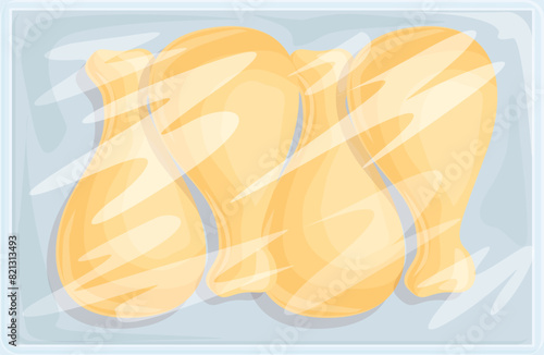 Illustration of packaged raw chicken drumsticks in transparent plastic packaging vector art for supermarket and grocery industry, refrigerated storage, and convenient cooking preparation