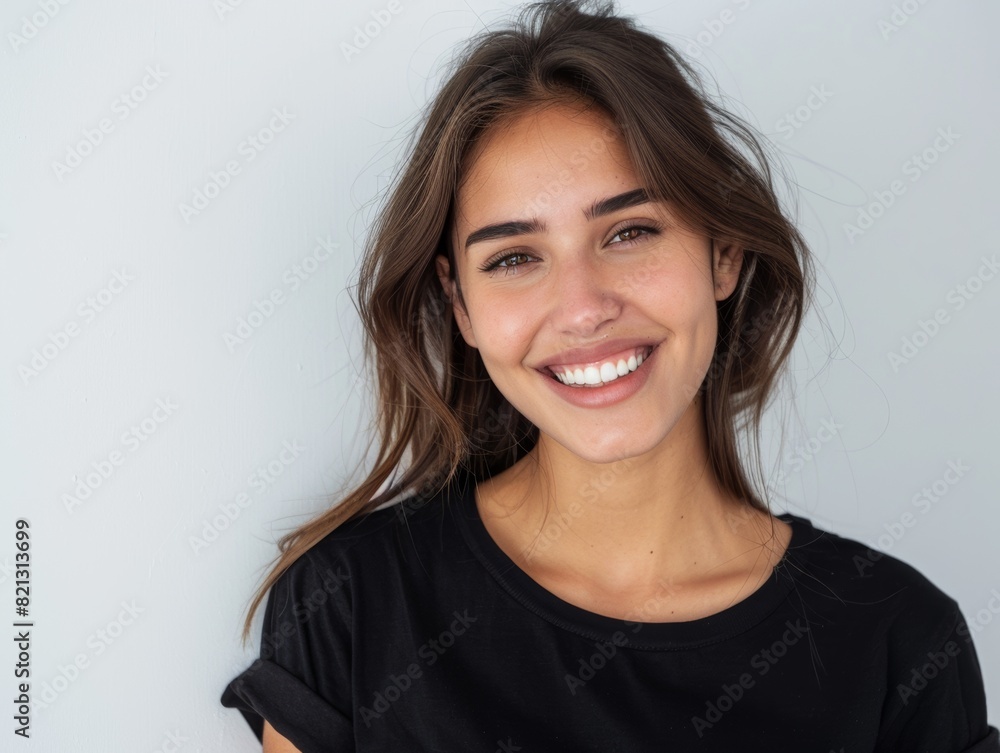 Beautiful natural brunette woman, smiling and looking in camera with white teeth. Close-up portrait of cute female woman in black t-shirt on white background. Beautiful natural brunette woman, smiling and looking in camera with white teeth. Close-up portrait of cute female woman in black t-shirt on white background.