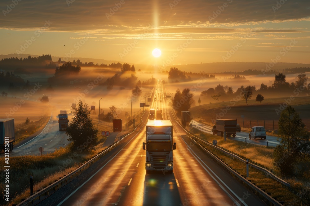 Sunrise Over Busy Trucking Route - Start of Logistician's Day, Tranquil Morning Scene for Print, Card, Poster