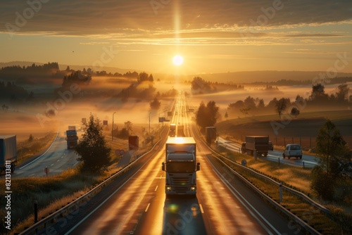 Sunrise Over Busy Trucking Route - Start of Logistician's Day, Tranquil Morning Scene for Print, Card, Poster © spyrakot