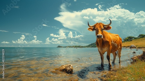 Friendly vacationist leaning towards humped cattle standing against seascape and meeting brown zebu, looking at animal --ar 16:9 --style raw --stylize 750 Job ID: 04f1e92b-42cd-4ca9-ba51-ff3efdaab1f9 photo