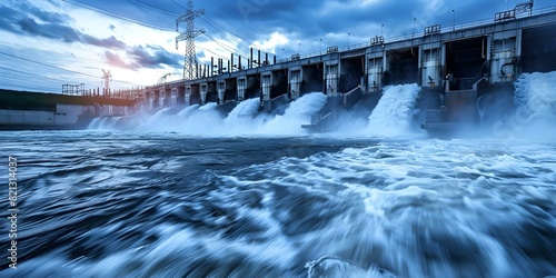 Converting Water's Energy into Electricity: How Hydroelectric Power Plants Use Large Turbines. Concept Renewable Energy, Hydroelectric Power, Turbines, Electricity Generation, Water Power