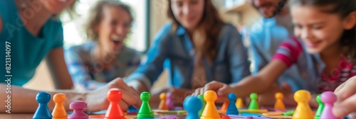 Wallpaper Mural A family engaged in a fun and competitive board game session at home with colorful game pieces Torontodigital.ca