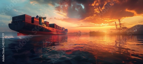 Shipping Company Advertisement Mockup of Container Ship Entering Harbor at Dawn - Design for Print, Card, Poster